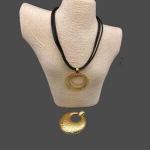 Joan Rivers Leather Cord Necklace with 2 Medallion Pendants, Hammered Gold Rings